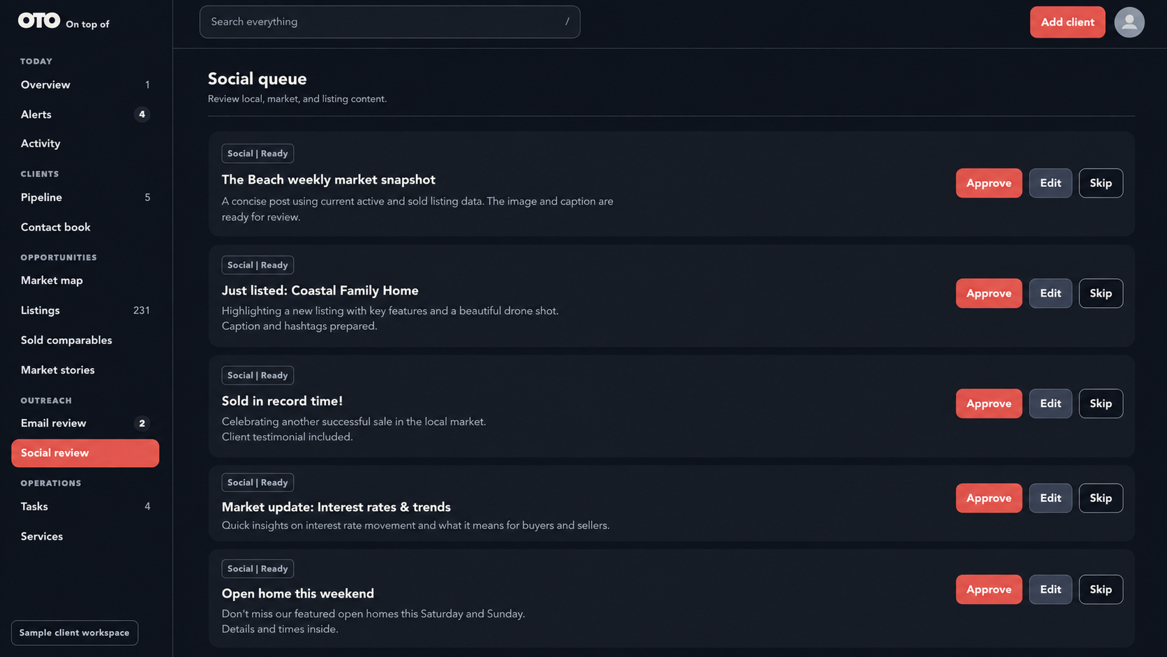 OTO social review queue showing five prepared posts with approve, edit, and skip controls
