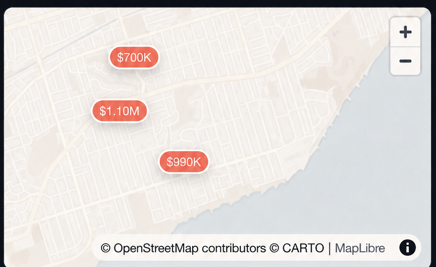 Real OpenStreetMap and CARTO map of The Beach in Toronto with three MLS-derived price matches